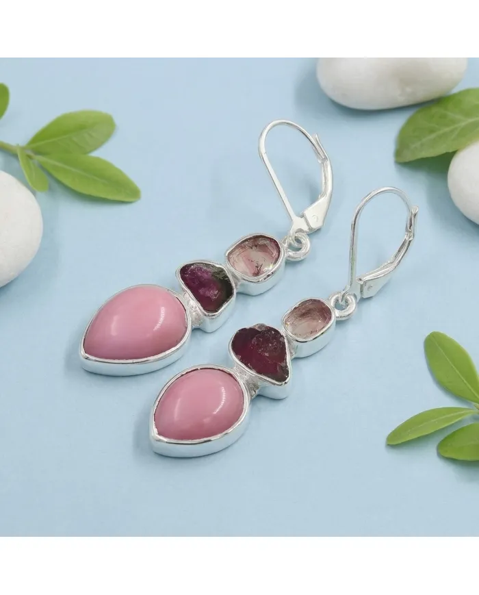 Pink Opal & Tourmaline Dangle Earrings - 925 Sterling Silver Jewelry