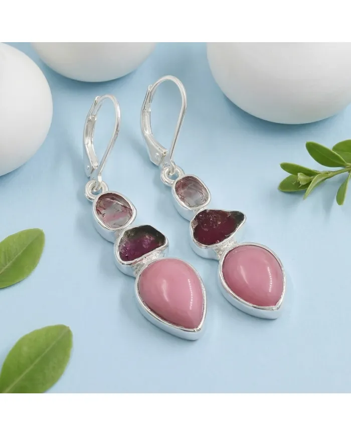 Pink Opal & Tourmaline Dangle Earrings - 925 Sterling Silver Jewelry