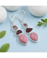 Pink Opal & Tourmaline Dangle Earrings - 925 Sterling Silver Jewelry