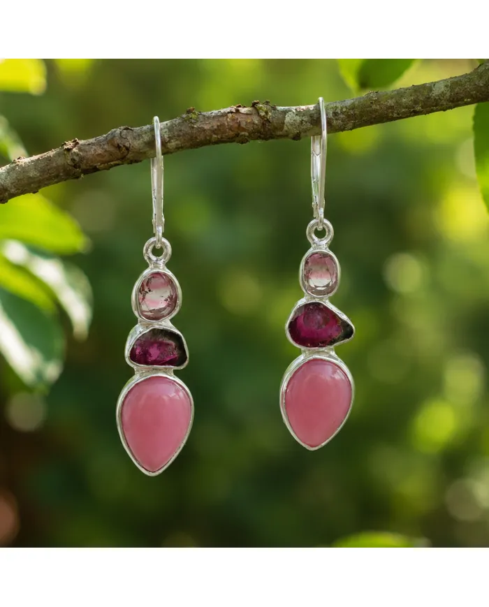 Pink Opal & Tourmaline Dangle Earrings - 925 Sterling Silver Jewelry