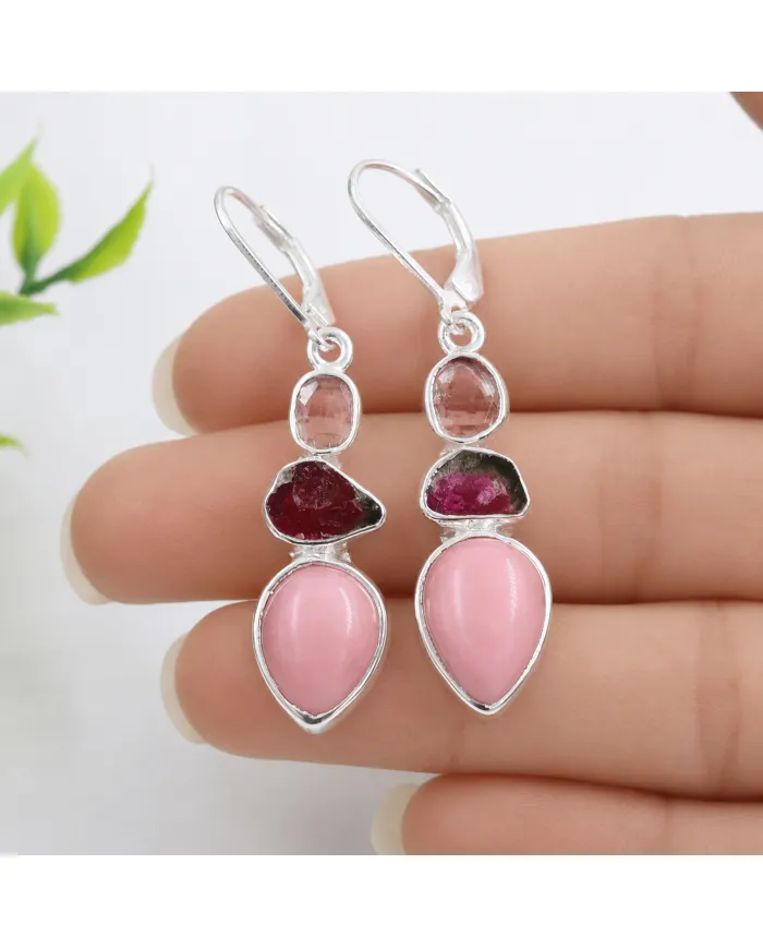 Pink Opal & Tourmaline Dangle Earrings - 925 Sterling Silver Jewelry