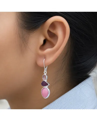 Pink Opal & Tourmaline Dangle Earrings - 925 Sterling Silver Jewelry