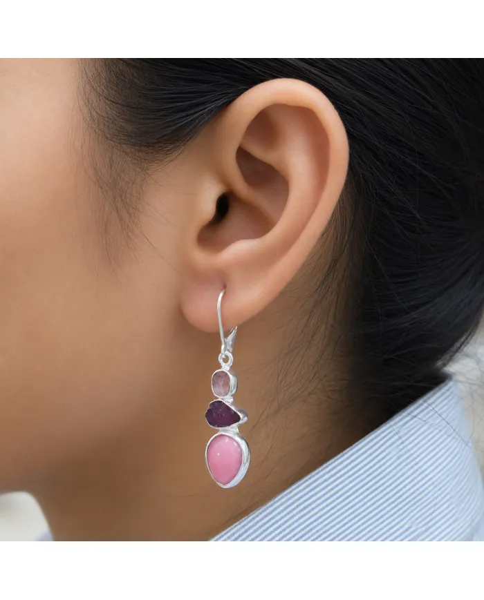 Pink Opal & Tourmaline Dangle Earrings - 925 Sterling Silver Jewelry