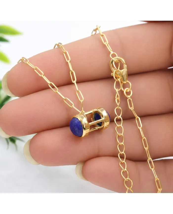 18K Gold Plated Lapis Lazuli Pendant Necklace Sterling Silver Jewelry