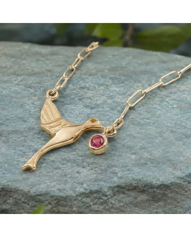 18K Gold Plated Ruby Bird Pendant Necklace - Handmade Gemstone Jewelry
