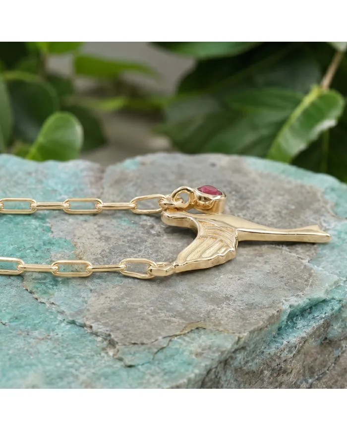 18K Gold Plated Ruby Bird Pendant Necklace - Handmade Gemstone Jewelry