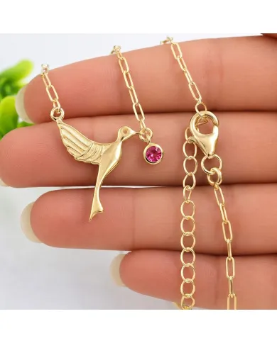 18K Gold Plated Ruby Bird Pendant Necklace - Handmade Gemstone Jewelry