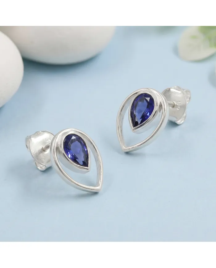 Tanzanite Pear Stud Earrings 925 Sterling Silver Handmade Jewelry