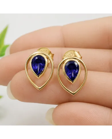 Tanzanite Pear Stud Earrings 18K Gold Plated Handmade Jewelry