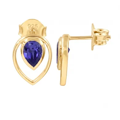 Tanzanite Pear Stud Earrings 18K Gold Plated Handmade Jewelry