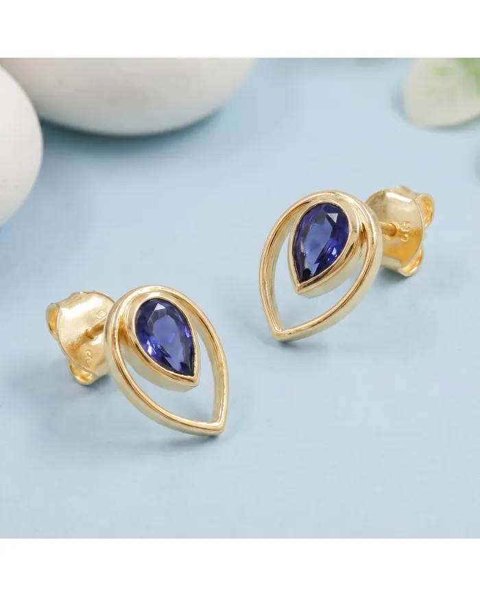 Tanzanite Pear Stud Earrings 18K Gold Plated Handmade Jewelry