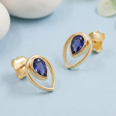 Tanzanite Pear Stud Earrings 18K Gold Plated Handmade Jewelry