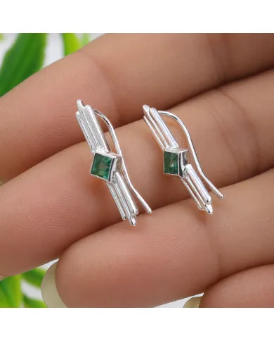 Emerald Ear Cuff Climber Earrings 925 Sterling Silver Handmade Jewelry