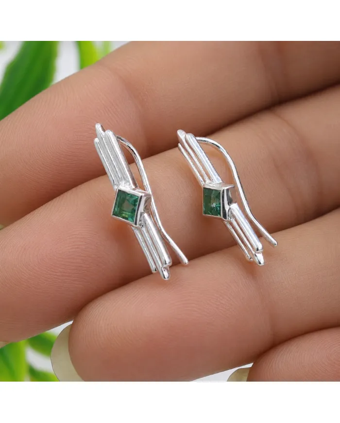 Emerald Ear Cuff Climber Earrings, 925 Sterling Silver Women's Jewelry