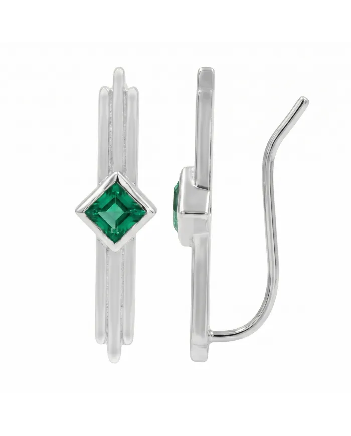 Emerald Ear Cuff Climber Earrings, 925 Sterling Silver Women's Jewelry
