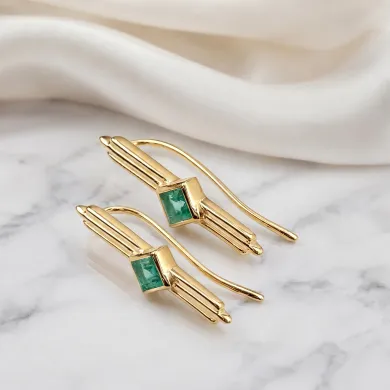 18K Gold Plated Emerald Ear Cuff Climber Earrings