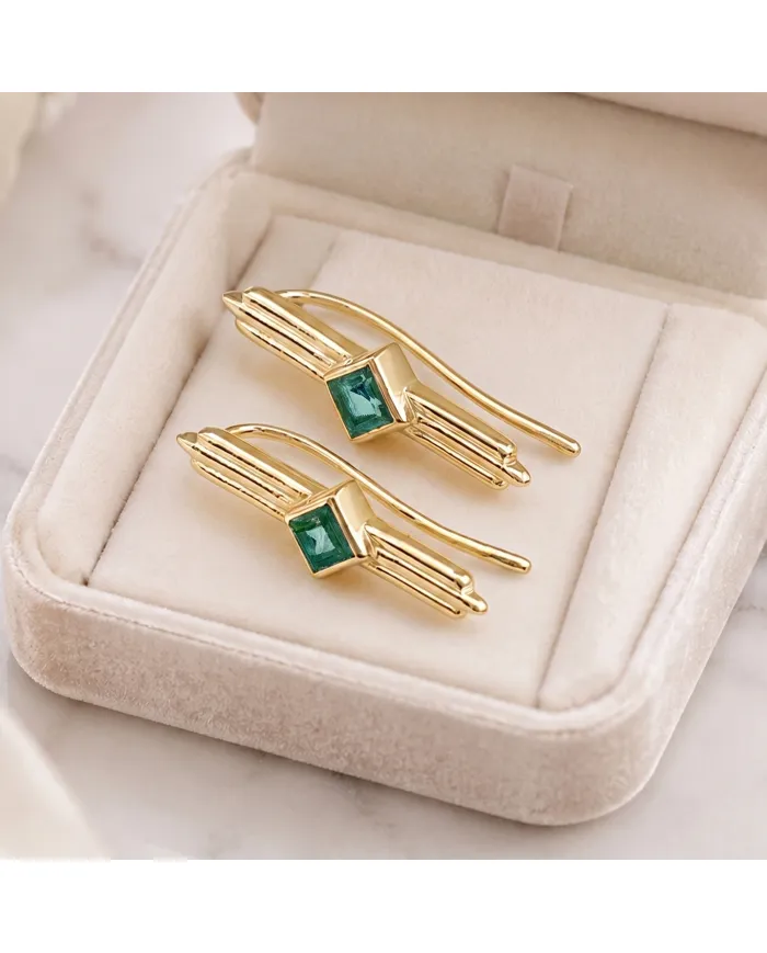 18K Gold Plated Emerald Ear Cuff Climber Earrings