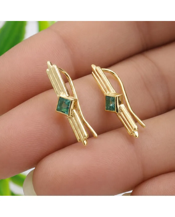 18K Gold Plated Emerald Ear Cuff Climber Earrings