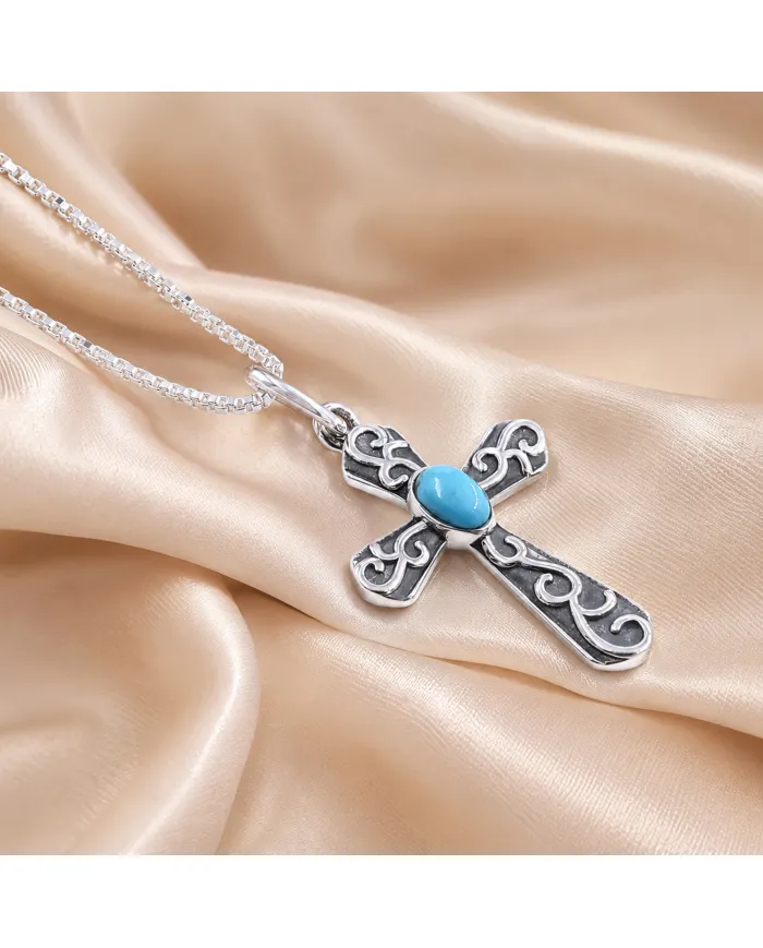 Arizona Turquoise Cross Pendant | 925 Sterling Silver Oxidized Necklace