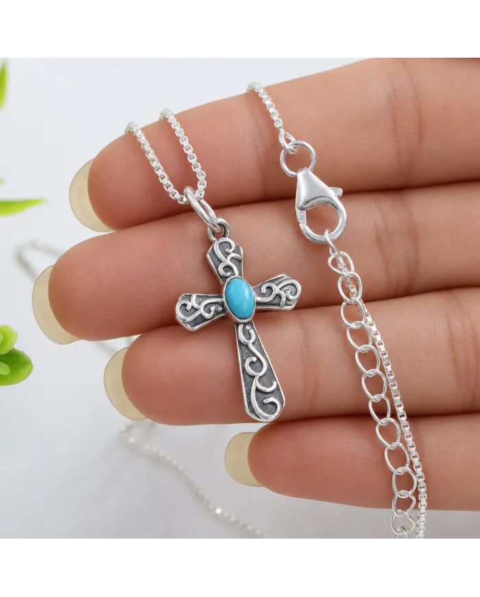 Arizona Turquoise Cross Pendant | 925 Sterling Silver Oxidized Necklace