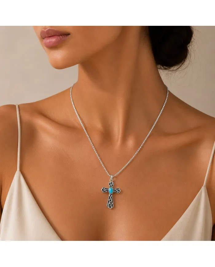 Arizona Turquoise Cross Pendant | 925 Sterling Silver Oxidized Necklace