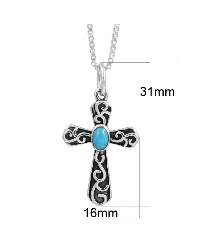 Arizona Turquoise Cross Pendant | 925 Sterling Silver Oxidized Necklace