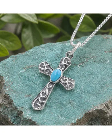 Arizona Turquoise Cross Pendant | 925 Sterling Silver Oxidized Necklace