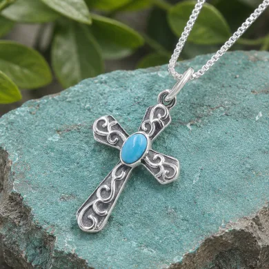 Arizona Turquoise Cross Pendant | 925 Sterling Silver Oxidized Necklace