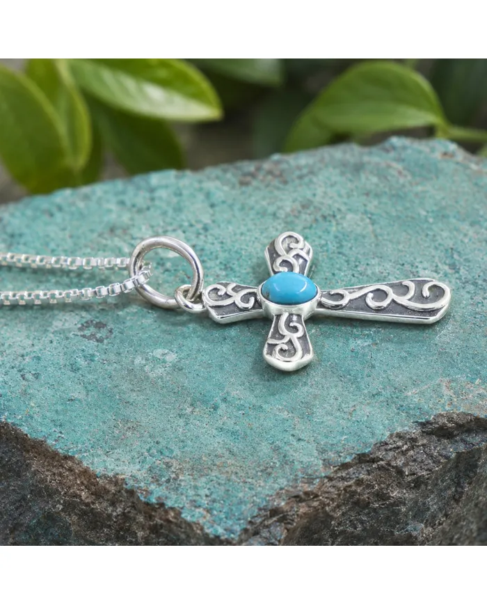 Arizona Turquoise Cross Pendant | 925 Sterling Silver Oxidized Necklace