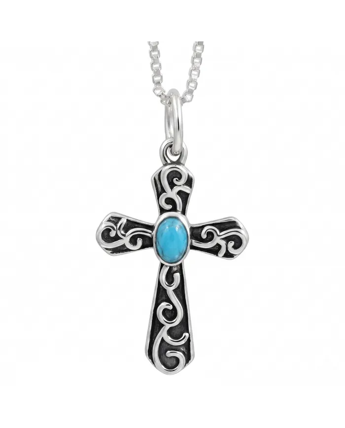 Arizona Turquoise Cross Pendant | 925 Sterling Silver Oxidized Necklace