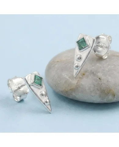 Emerald Stud Earrings 925 Sterling Silver - Handmade Geometric Jewelry