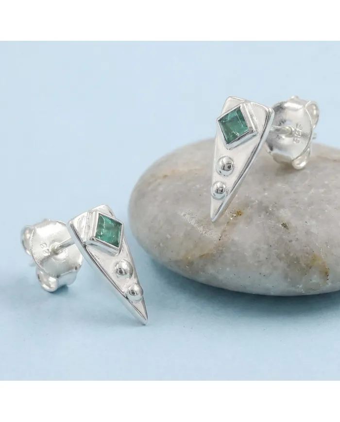 Emerald Stud Earrings 925 Sterling Silver - Handmade Geometric Jewelry