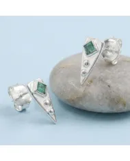 Emerald Stud Earrings 925 Sterling Silver - Handmade Geometric Jewelry