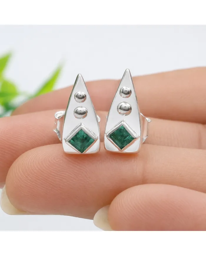 Emerald Stud Earrings 925 Sterling Silver - Handmade Geometric Jewelry