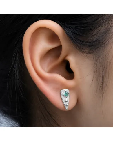 Emerald Stud Earrings 925 Sterling Silver - Handmade Geometric Jewelry