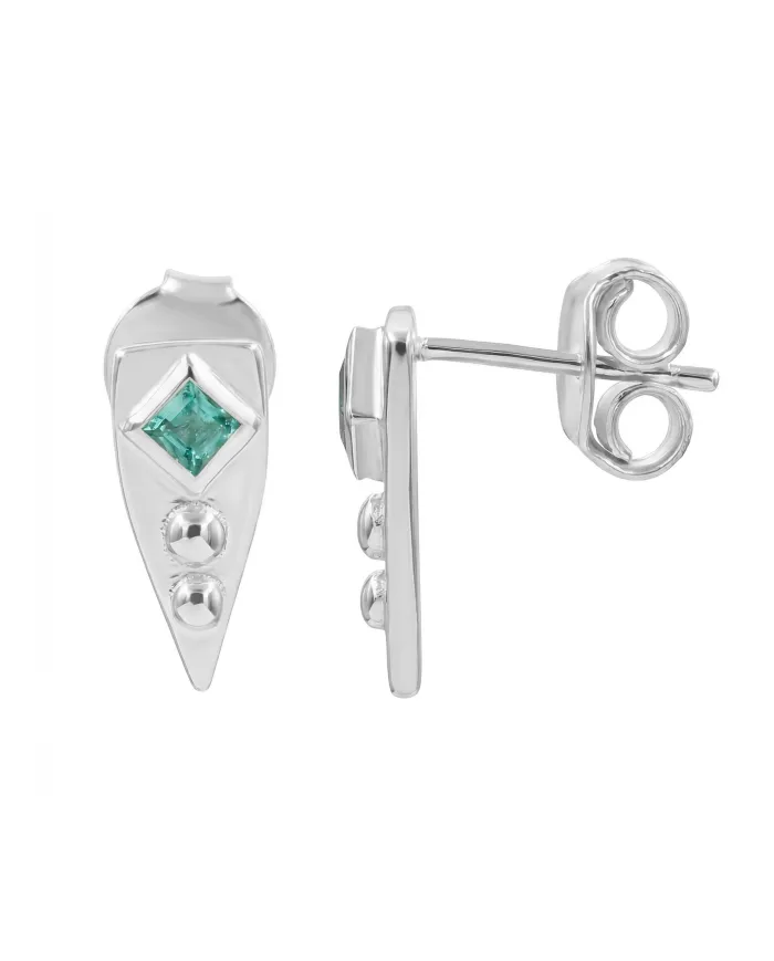 Emerald Stud Earrings 925 Sterling Silver - Handmade Geometric Jewelry