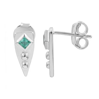 Emerald Stud Earrings 925 Sterling Silver - Handmade Geometric Jewelry