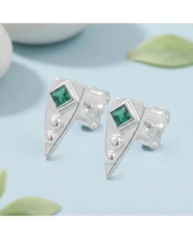 Emerald Stud Earrings 925 Sterling Silver - Handmade Geometric Jewelry