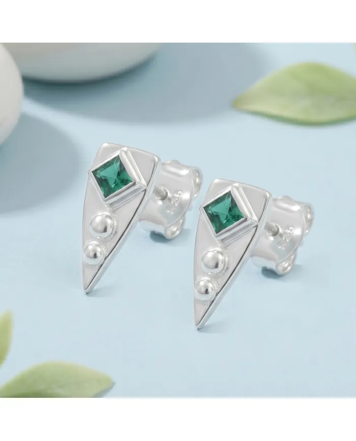 Emerald Stud Earrings 925 Sterling Silver - Handmade Geometric Jewelry