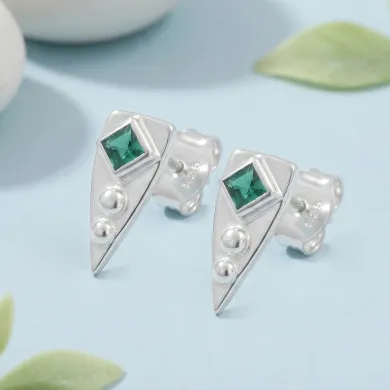 Emerald Stud Earrings 925 Sterling Silver - Handmade Geometric Jewelry