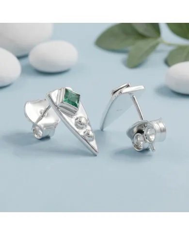 Emerald Stud Earrings 925 Sterling Silver - Handmade Geometric Jewelry