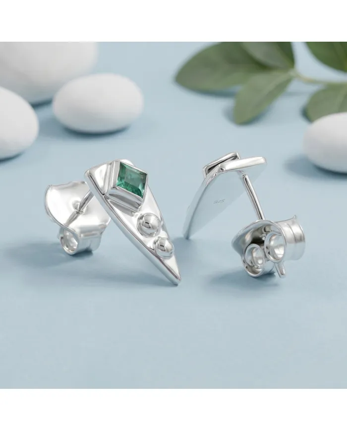 Emerald Stud Earrings 925 Sterling Silver - Handmade Geometric Jewelry