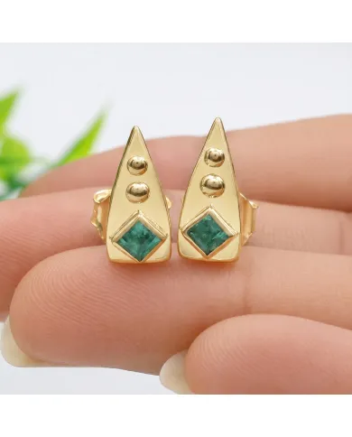18K Gold Plated Emerald Stud Earrings |Handmade Geometric