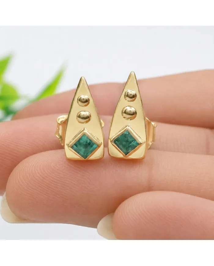 18K Gold Plated Emerald Stud Earrings |Handmade Geometric