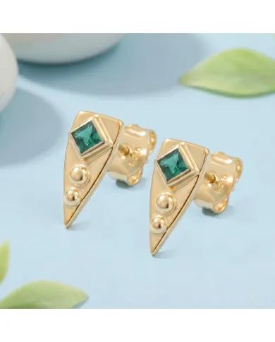 18K Gold Plated Emerald Stud Earrings |Handmade Geometric