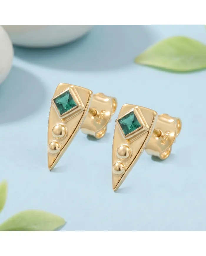 18K Gold Plated Emerald Stud Earrings |Handmade Geometric