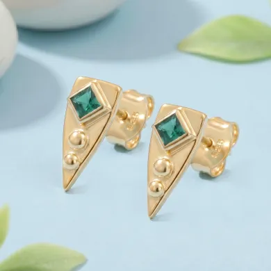 18K Gold Plated Emerald Stud Earrings |Handmade Geometric