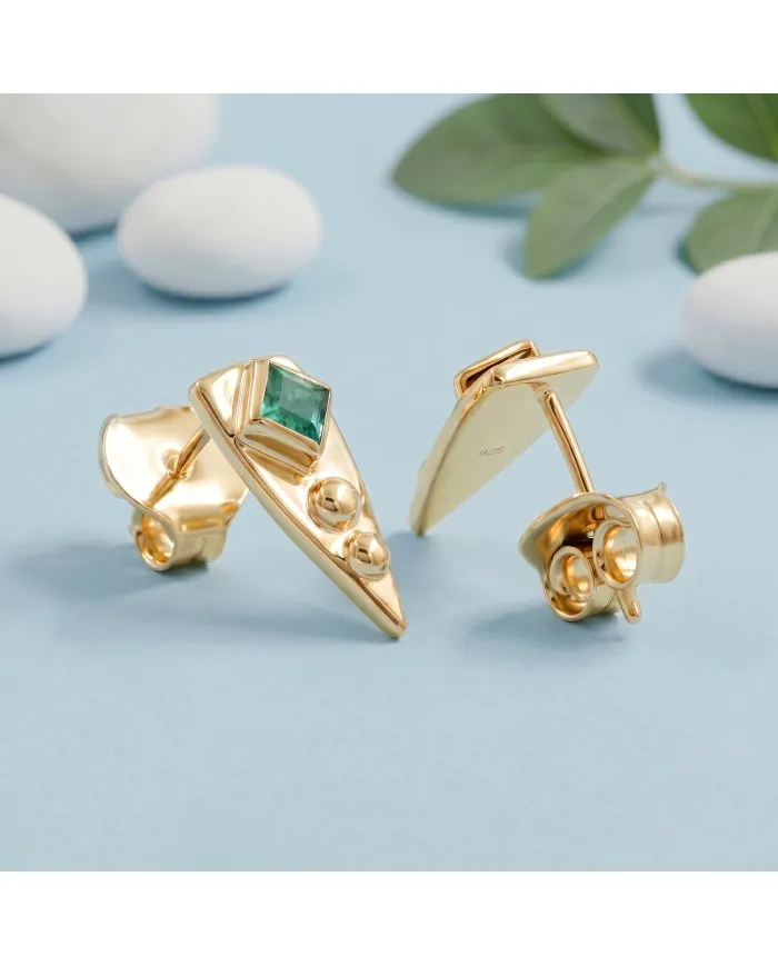 18K Gold Plated Emerald Stud Earrings |Handmade Geometric