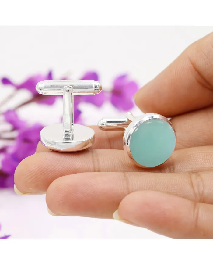 Chrysoprase Gemstone Cufflinks | 925 Sterling Silver Men's Accessories