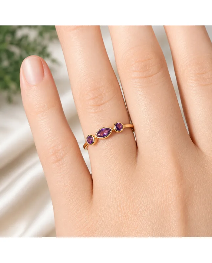 Natural Amethyst Ring - 18K Gold Plated Minimalist Stackable Gift for Her